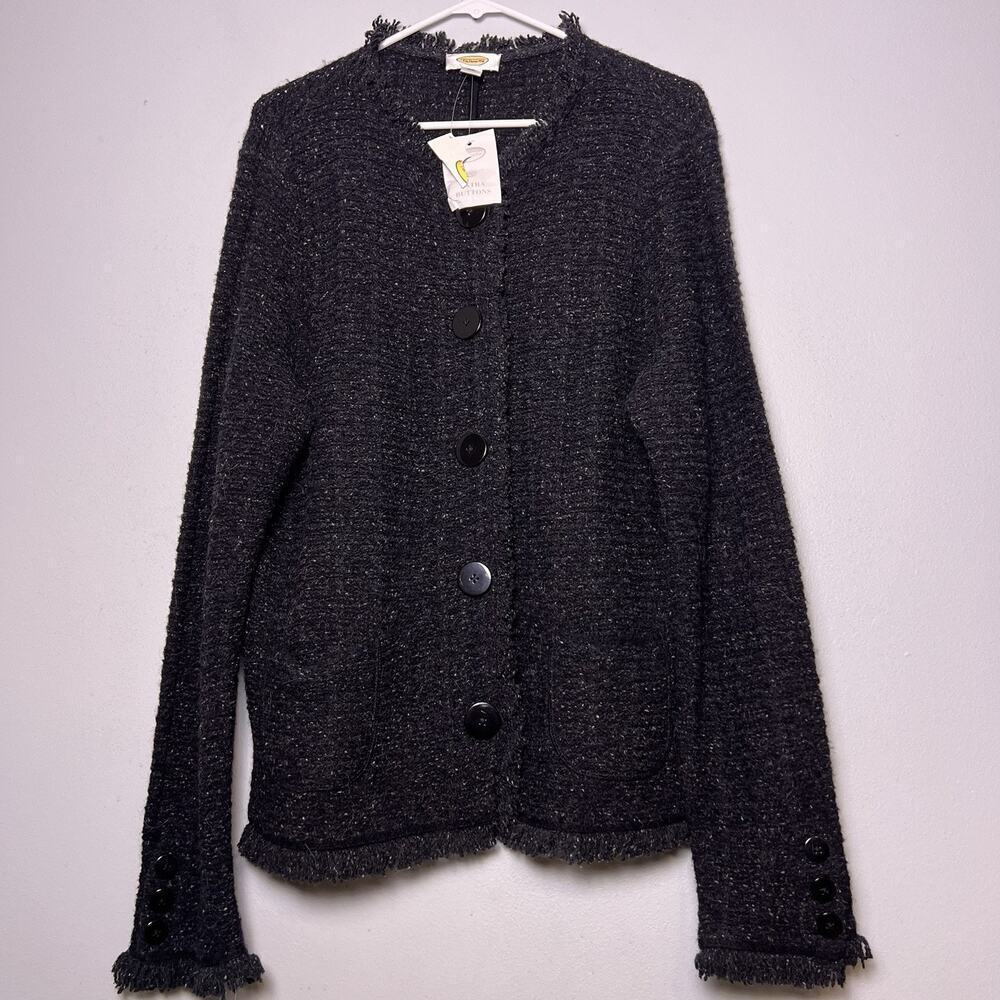NWT Talbots Womens Sz XL Wool Alpaca Black Tweed Sweater Jacket Fringe Preppy